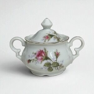 Vintage Wales Japan Sugar Bowl‎ W/ Lid Moss Rose Gold Guilding Red Rose Design